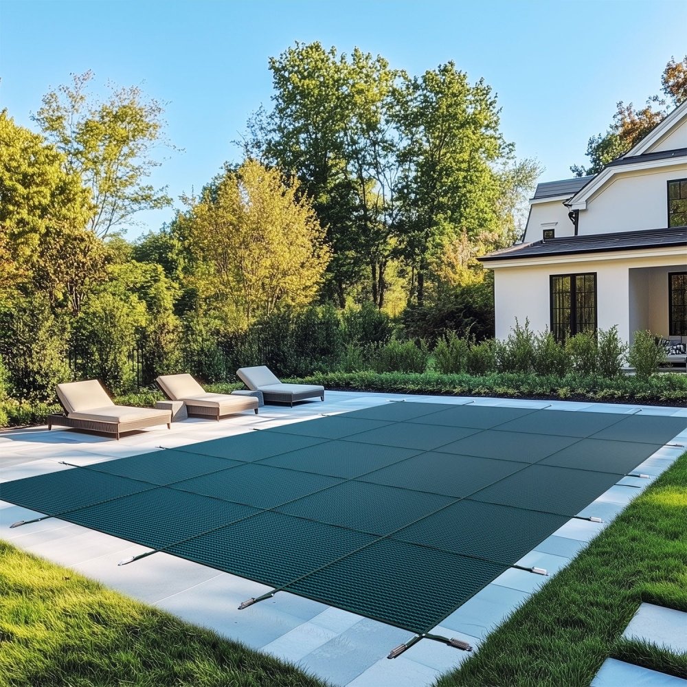 Winter mesh pool cover protecting water from leaves and debris during off-season.